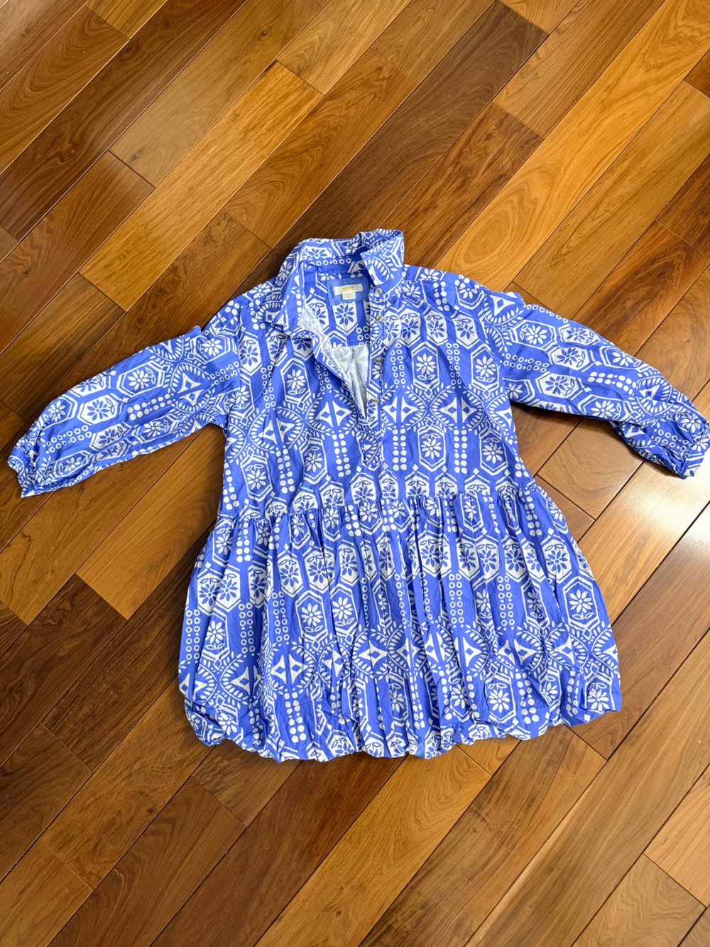Anthropologie Blue & White Printed Tiered Peplum Blouse